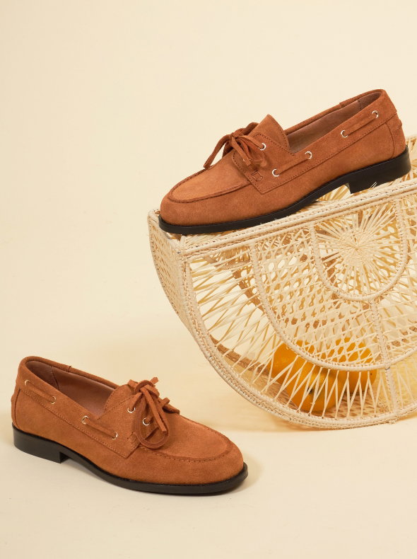 Mocassins bateau cuir daim camel