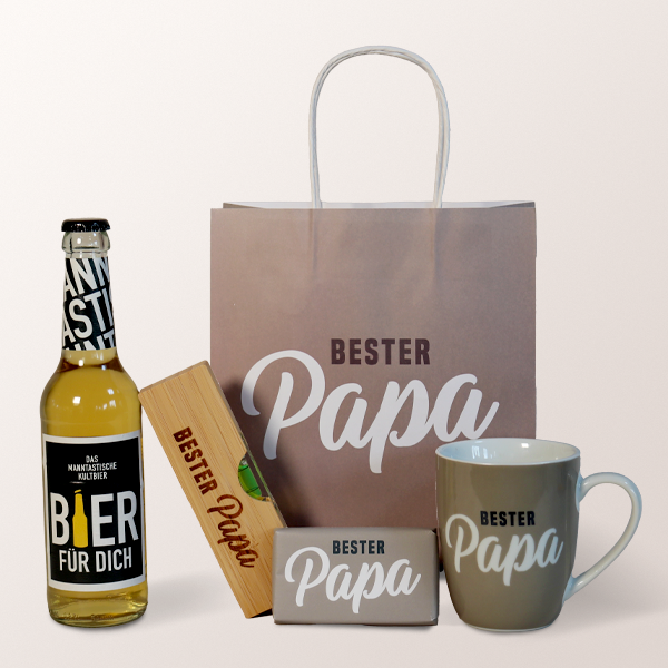 Der Präsentkorb „Bester Papa“ ist eine sorgfältig zusammengestellte Auswahl an Artikeln