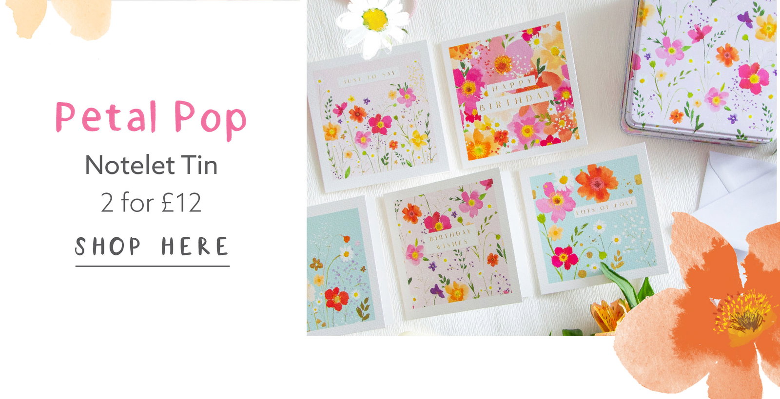 Petal Pop floral notelet tin featuring pastel floral mini cards and envelopes. Compact keepsake tin designed for thoughtful handwritten notes and greetings.