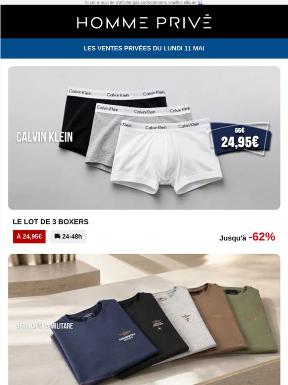 CALVIN KLEIN, Lot de 3 boxers à 24,95€ | GEOX, REDSKINS -20% sup. | KAJAL Parfums...