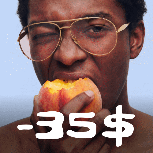Person wearing aviators eating a peach with “-35$” text overlay
