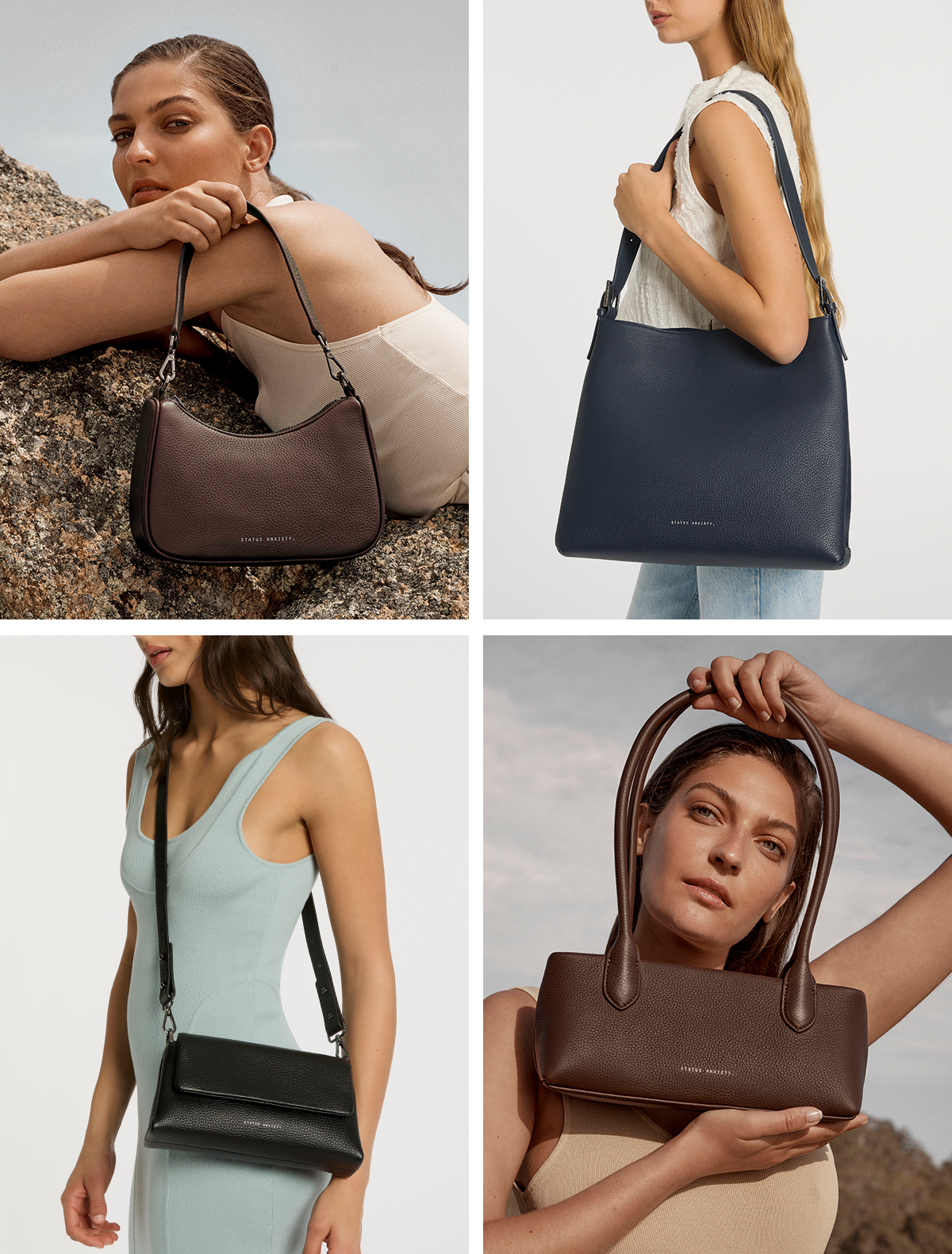 Status Anxiety Best selling bags - Featuring 'Look Both Ways' Bag in Cocoa, 'Forget About It' Bag in Midnight Blue, 'Zenith' Bag in Black and 'The Lost' Bag in Cocoa