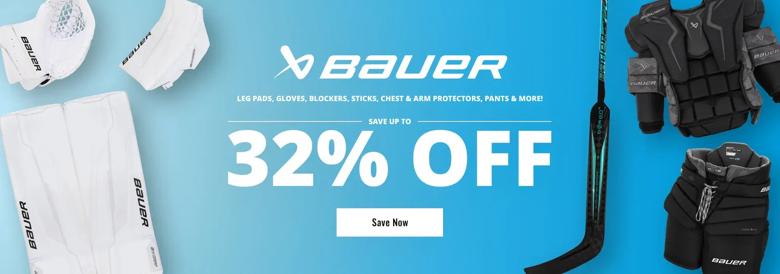 Save up to 32% on Bauer goalie—leg pads, gloves, blockers, sticks, chest & arm protectors, pants, bags, and performance apparel.