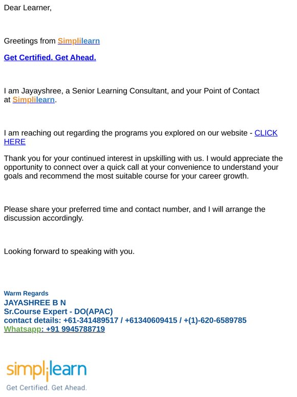 Thank you for your interest in Simplilearn - Connect to Explore the Right Course for Your Career Growth