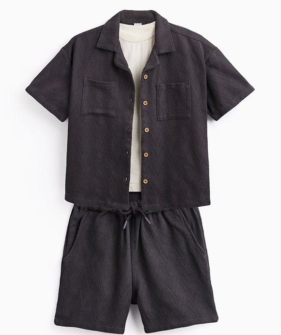 Black Textured Shirt & Shorts 3 Piece Set