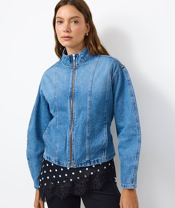 Funnel Neck Denim Belted Jacket