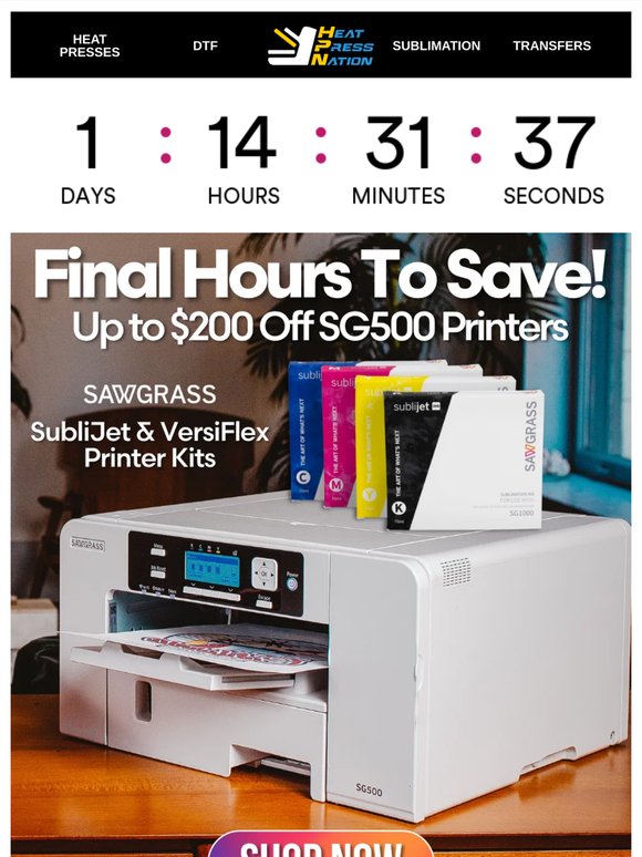 🚨 Final Hours to Save Up To $200 on Sawgrass SG500 Printers!