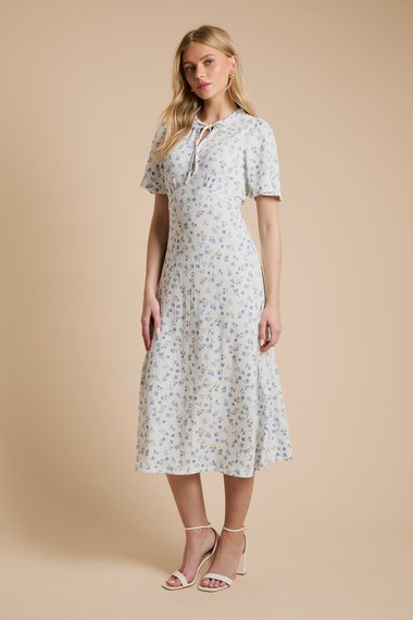 Cream Ditsy Tie Front Flutter Sleeve Printed Jersey Midi Dress