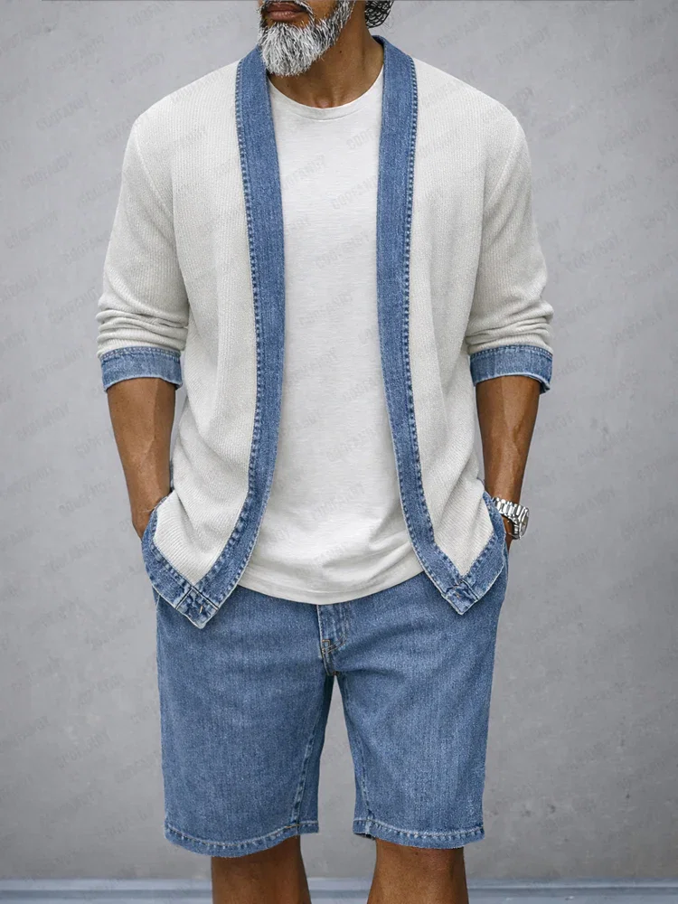 Image of Modern Contrast Color Denim Patchwork 2-Piece Set