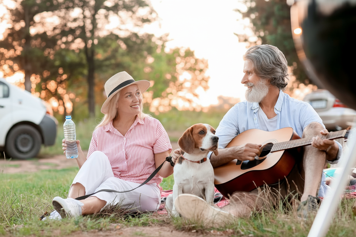 Couple with dog enjoying a picnic and playing guitar outdoors.