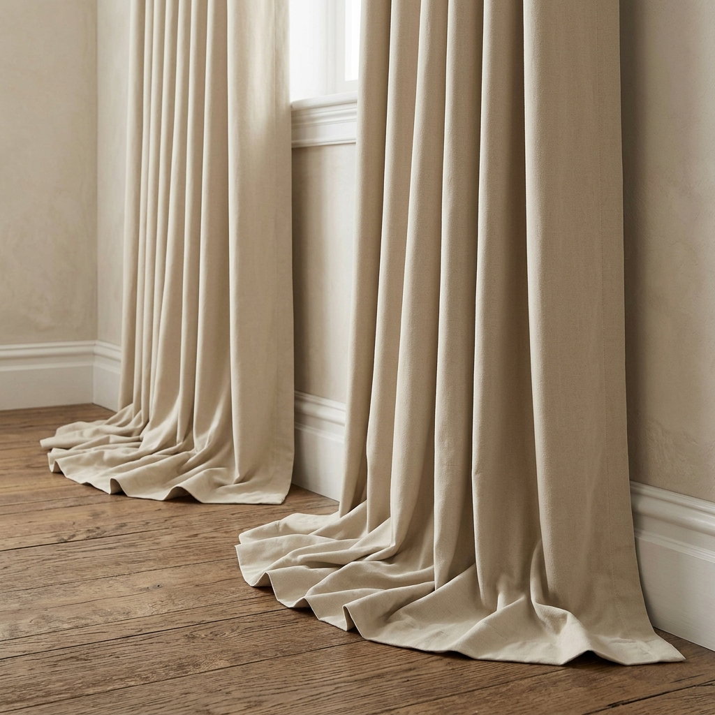 Puddled Best for a dramatic look  - Extends slightly onto the floor Soft, luxurious feel Ideal for formal spaces