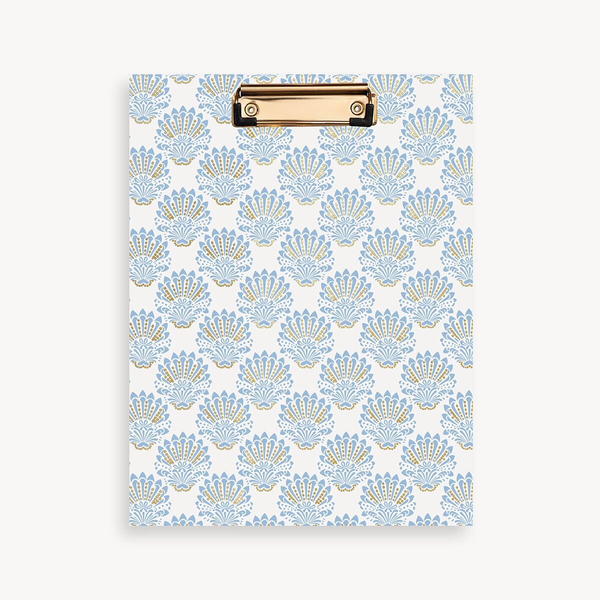 repeated blue and gold shell pattern clipfolio, gold clip, beige background