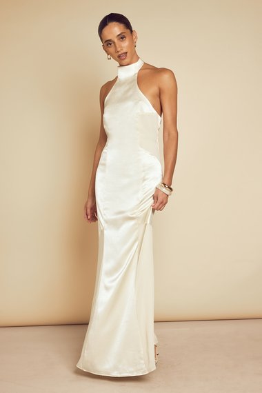 High Neck Halter Panelled Satin Maxi Dress