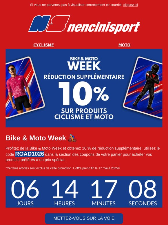 🚲 Réduction Supplémentaire 10% - Bike & Moto Week 🏍