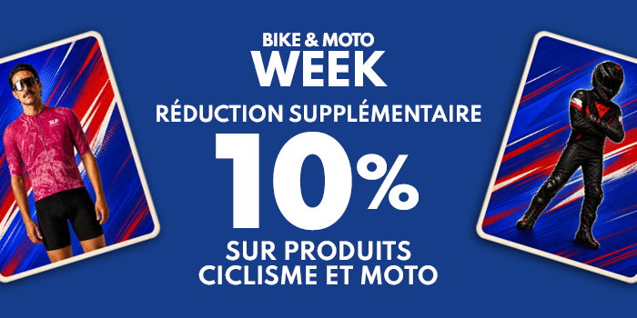 Bike & Moto Week banner: extra 10% off cycling and motorcycle products; cyclist in pink kit left, motorcyclist in black suit right