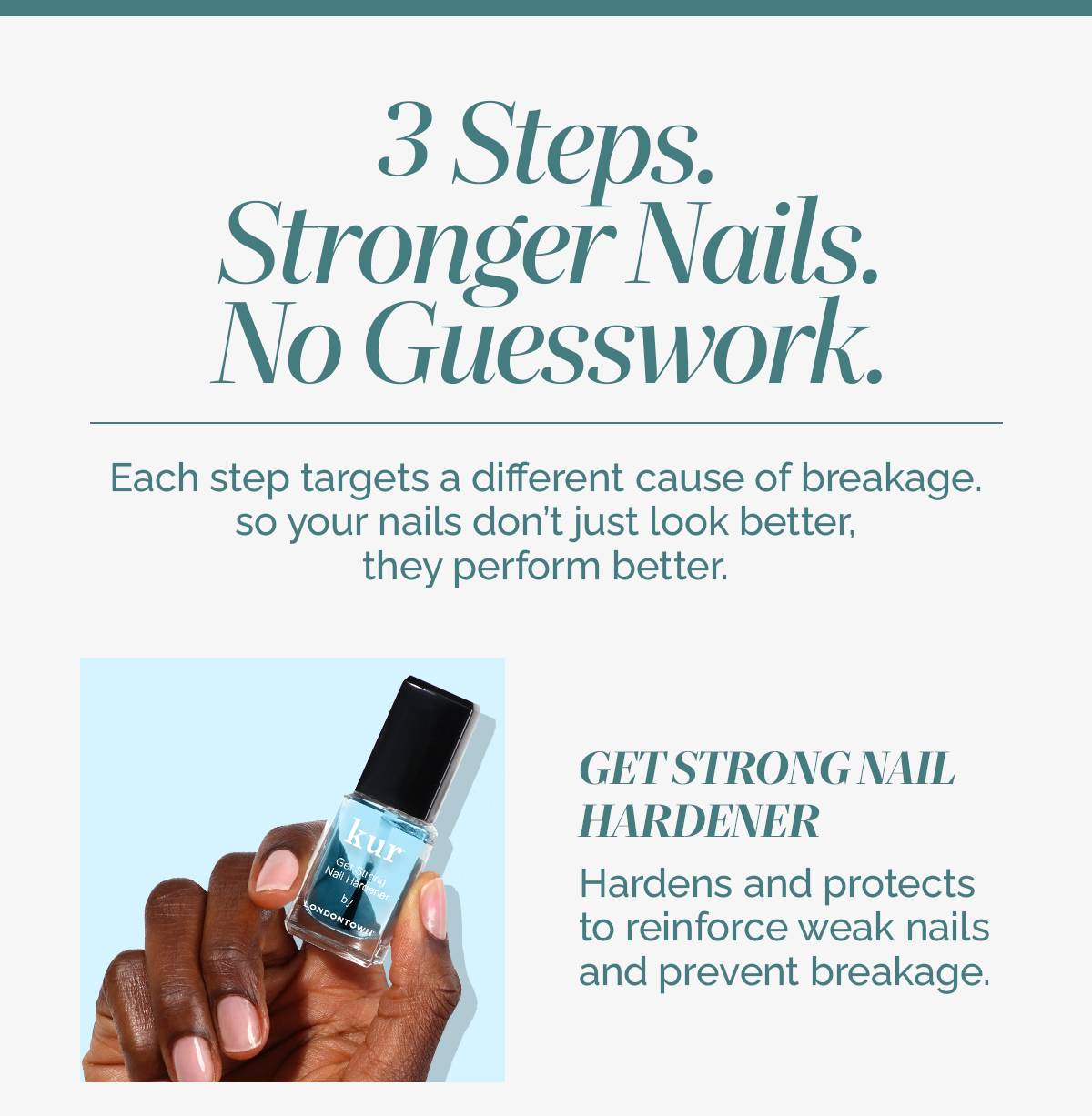 The Get Strong Nail Hardener hardens and protects weak nails and prevents breakage.