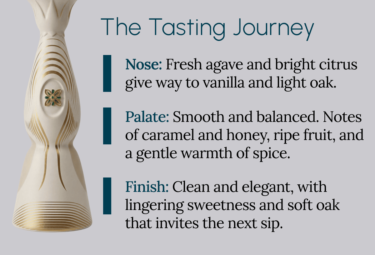 The Tasting Journey Nose: Fresh agave and bright citrus give way to vanilla and light oak. Palate: Smooth and balanced. Notes of caramel and honey, ripe fruit, and a gentle warmth of spice. Finish: Clean and elegant, with lingering sweetness and soft oak that invites the next sip.