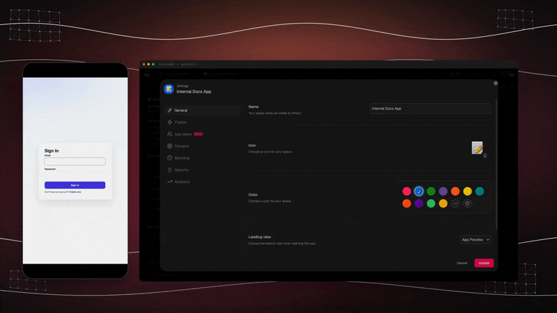 App Users tab in a Taskade Genesis app showing sign-in and member management
