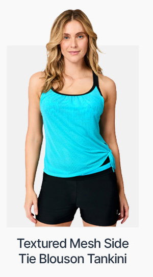 women's textured mesh side tie blouson tankini top