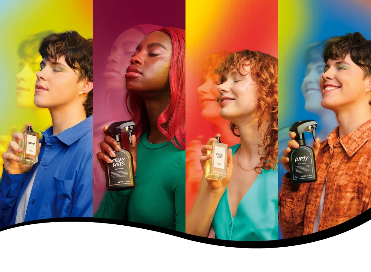 Sliced image of people putting on mood inspired fragrances