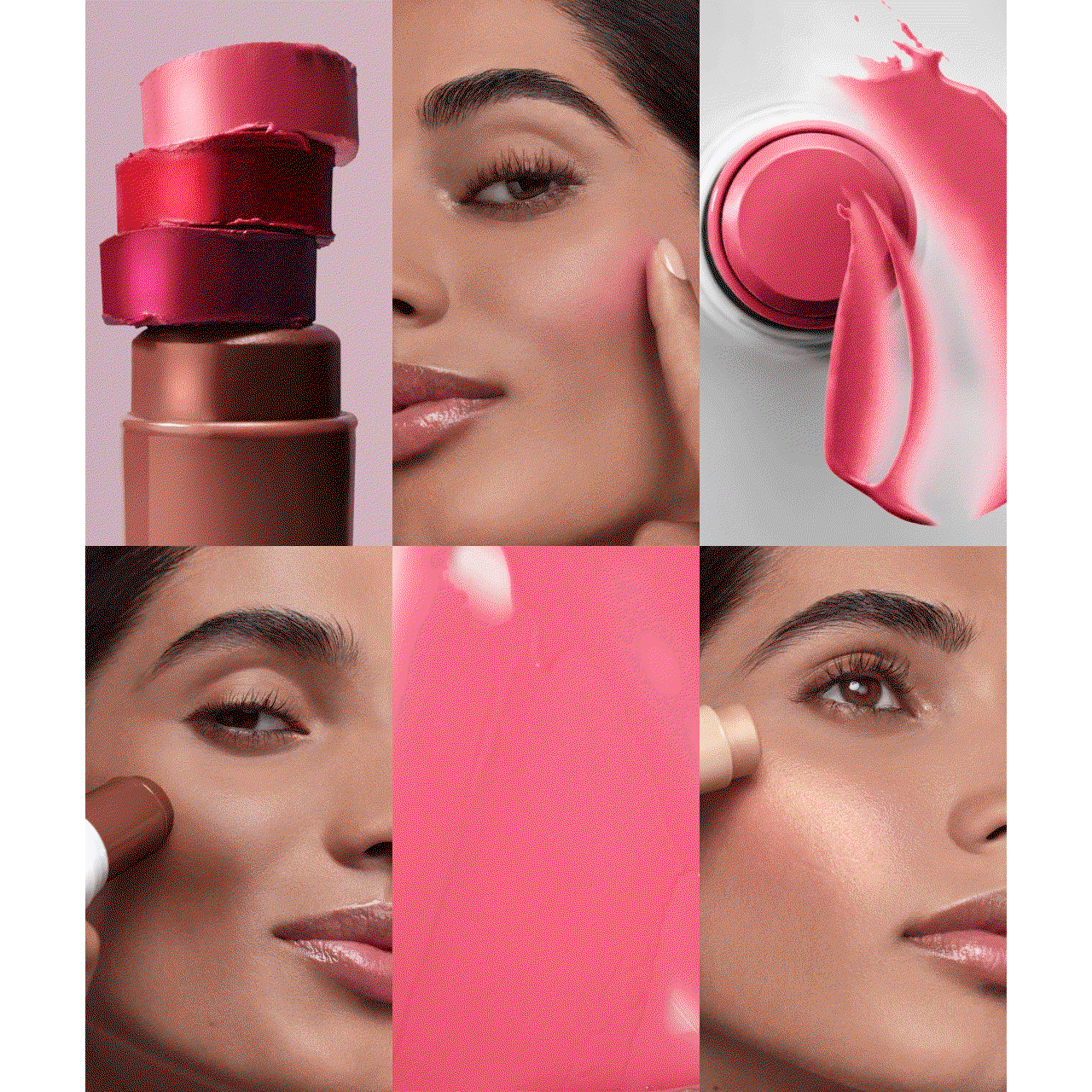 Collage of close-up shots of a woman's face applying Skin Enhancer Multi-Stick, and product smears and textures in different shades.
