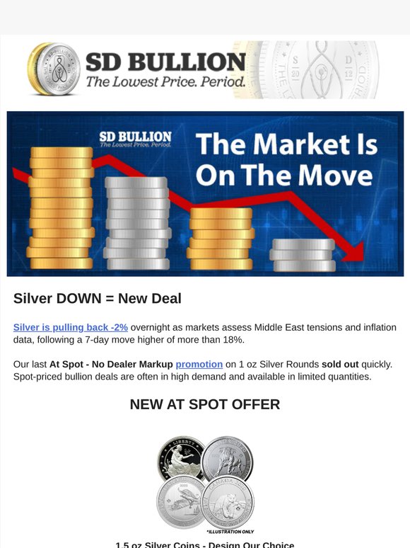 🚨 Silver DOWN = 1.5 oz Silver Coins At Spot Offer
