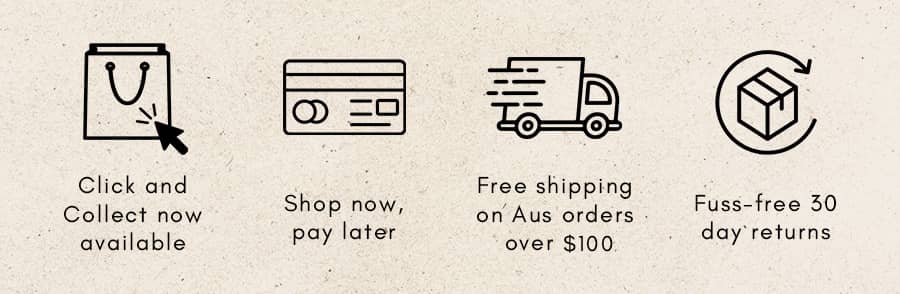 Four icons with accompanying text: a shopping bag with a cursor, reading 'Click and Collect now available'; a credit card, reading 'Shop now, pay late...
