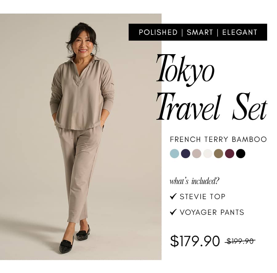 A woman stands in a medium shot wearing a taupe 'Tokyo Travel Set' consisting of a long-sleeved collared top and matching pants, with 'POLISHED | SMAR...