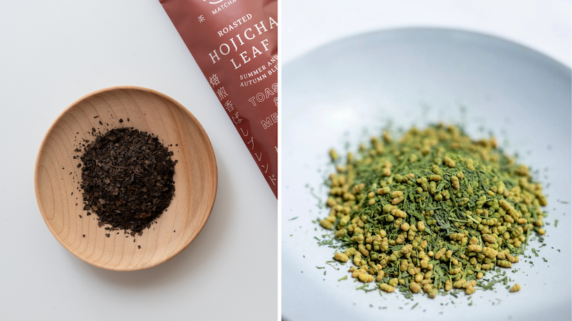 Left: A wooden saucerful of whole hojicha leaf. Right: A saucerful of genmaicha.