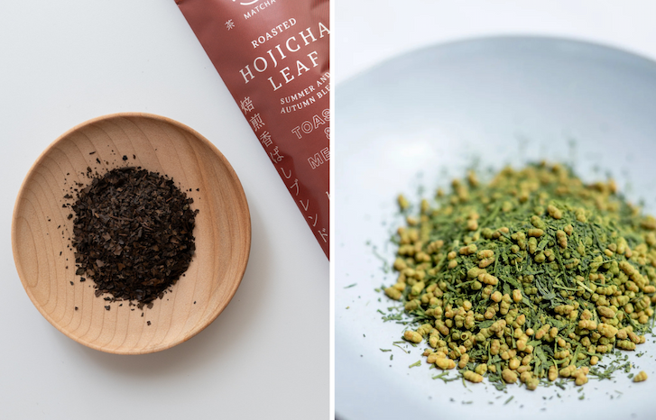 Left: A wooden saucerful of whole hojicha leaf. Right: A saucerful of genmaicha.