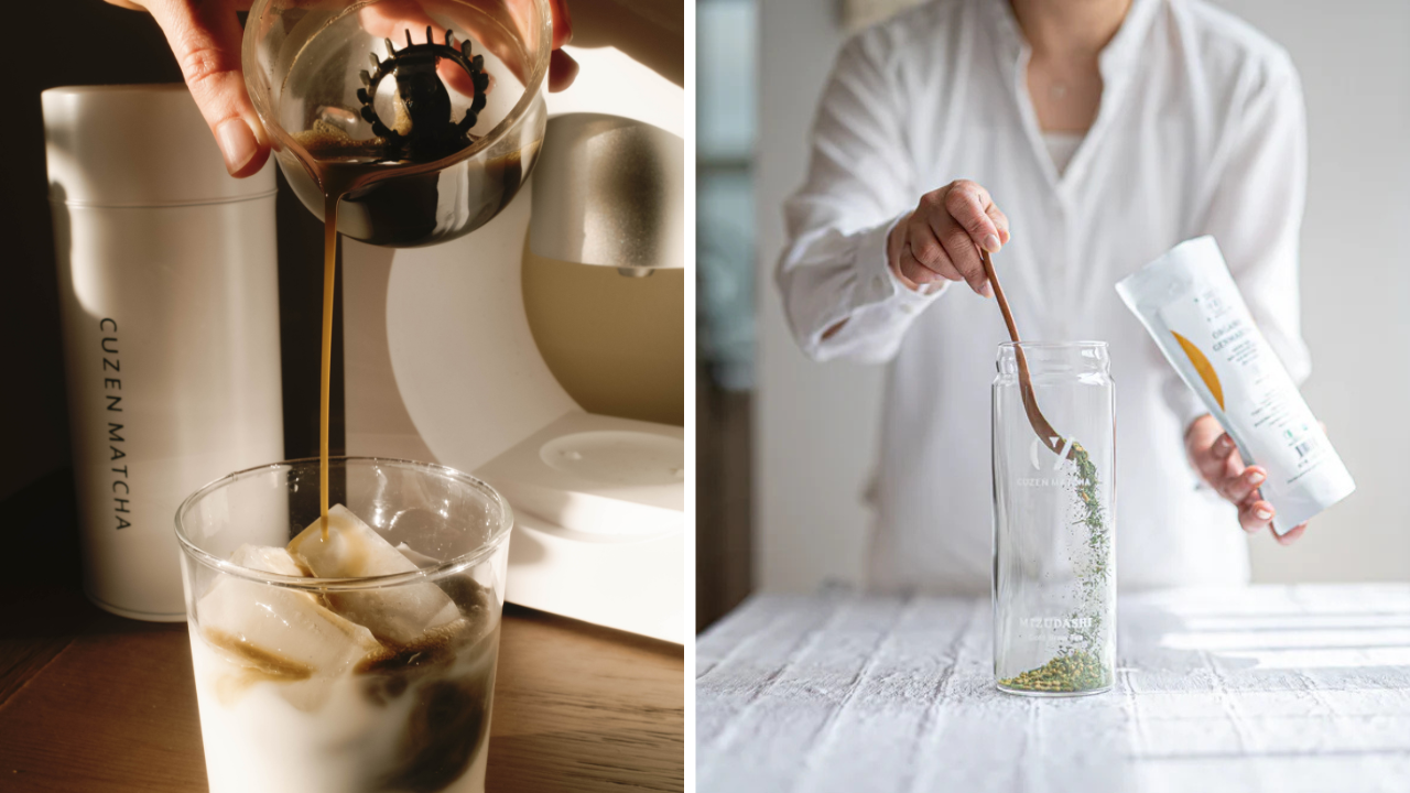 Left: person pours a Cuzen hojicha shot into a glass of iced milk. Right: A person scoops genmaicha into the Cuzen filter-in bottle.