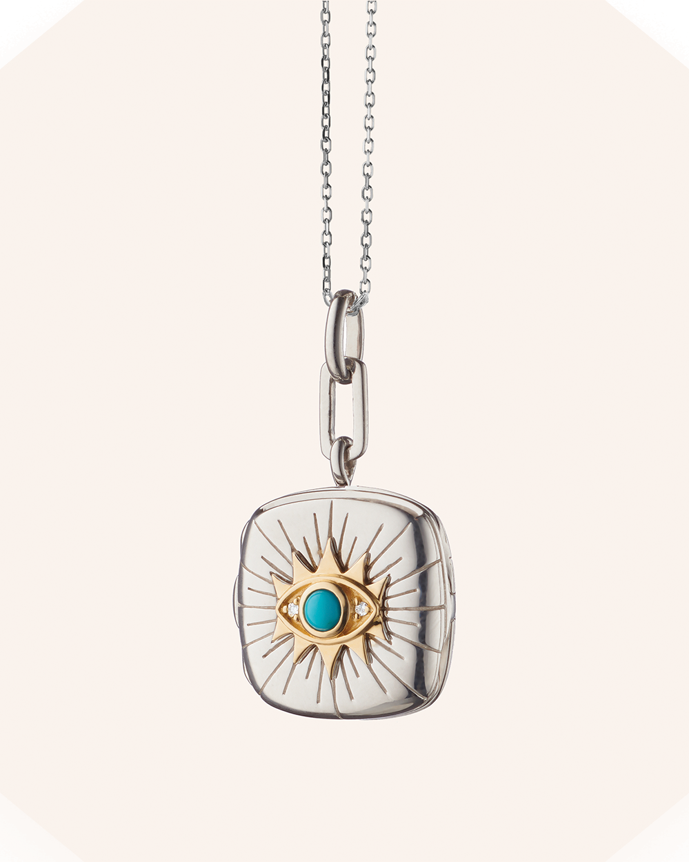 Two Tone "Protect" Evil Eye Locket Necklace with Turquoise and White Sapphire