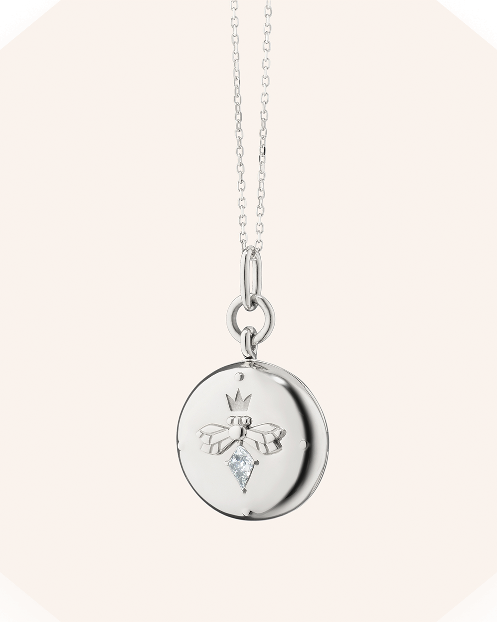 "Queen Bee" Sterling Silver Locket Necklace with White Sapphire