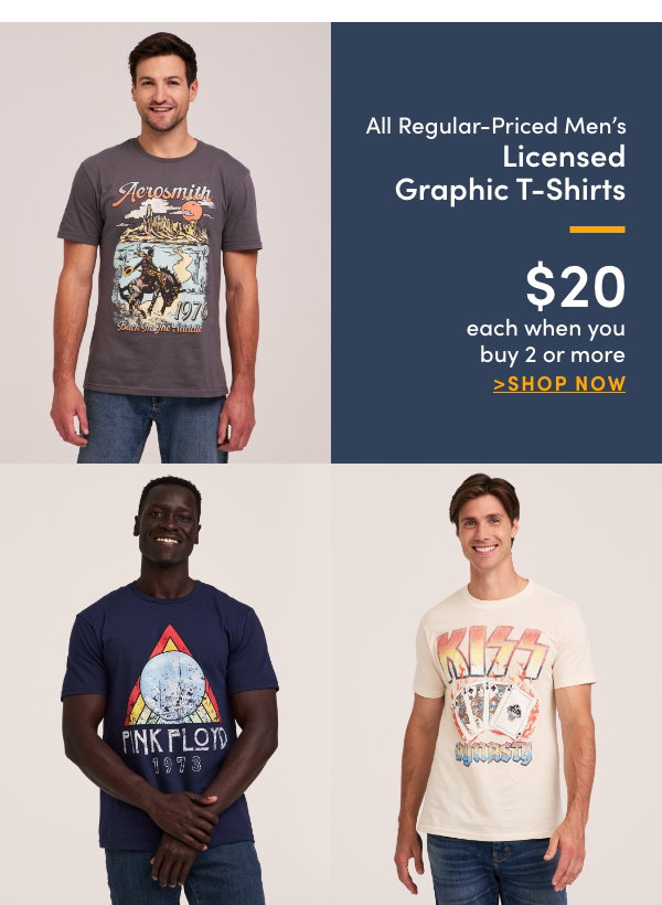 All Regular-Priced Men's Licensed Graphic T-shirts $20 each when you buy 2 or more