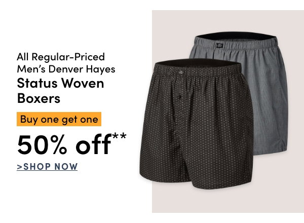 All Regular-Priced Men's Denver Hayes Status Woven Boxers Buy one get one 50% OFF*