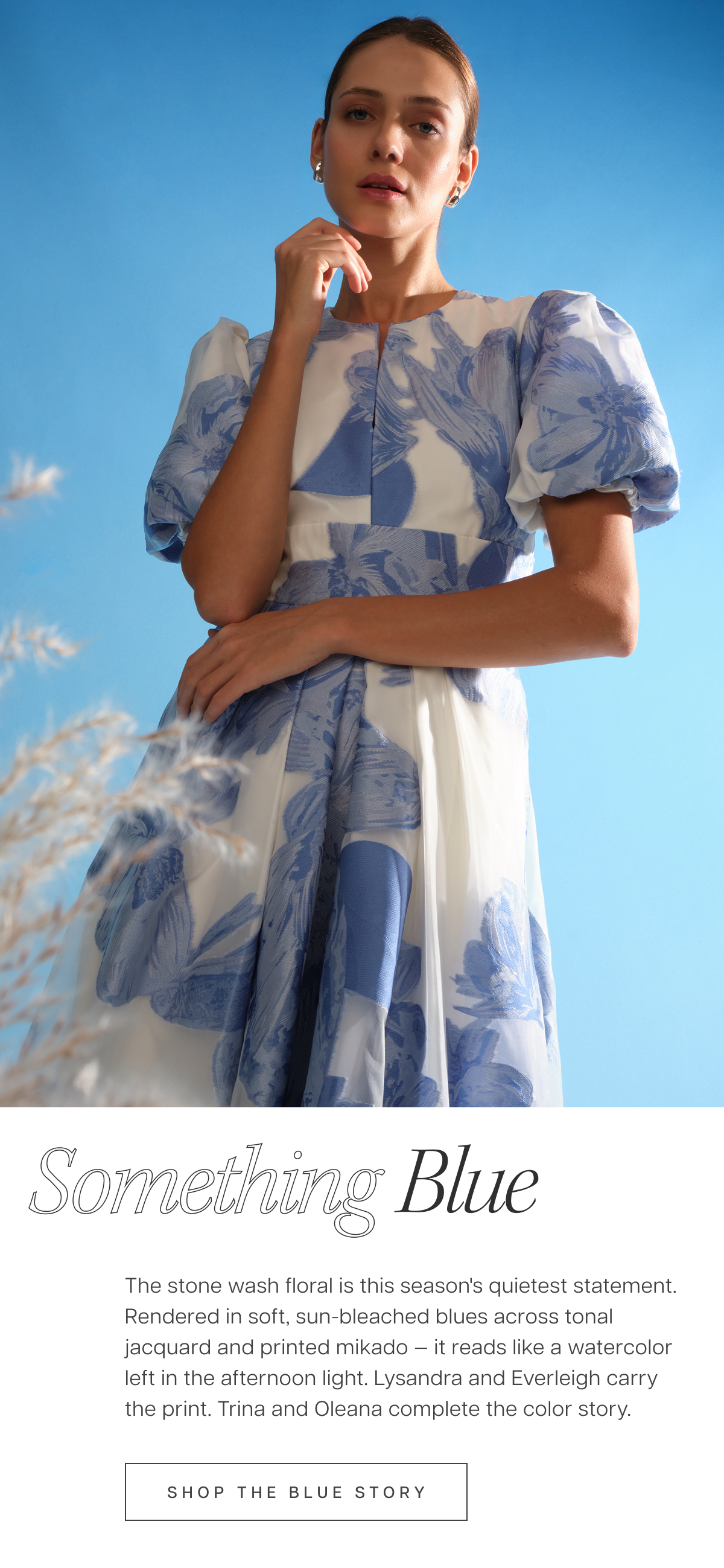 Something Blue | The stone wash floral is this season's quietest statement. Rendered in soft, sun-bleached blues across tonal jacquard and printed mikado — it reads like a watercolor left in the afternoon light. Lysandra and Everleigh carry the print. Trina and Oleana complete the color story.