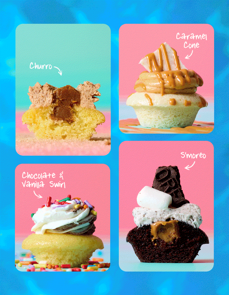 Flavors include: Churro, caramel cone, chocolate & vanilla swirl, and s'moreo.