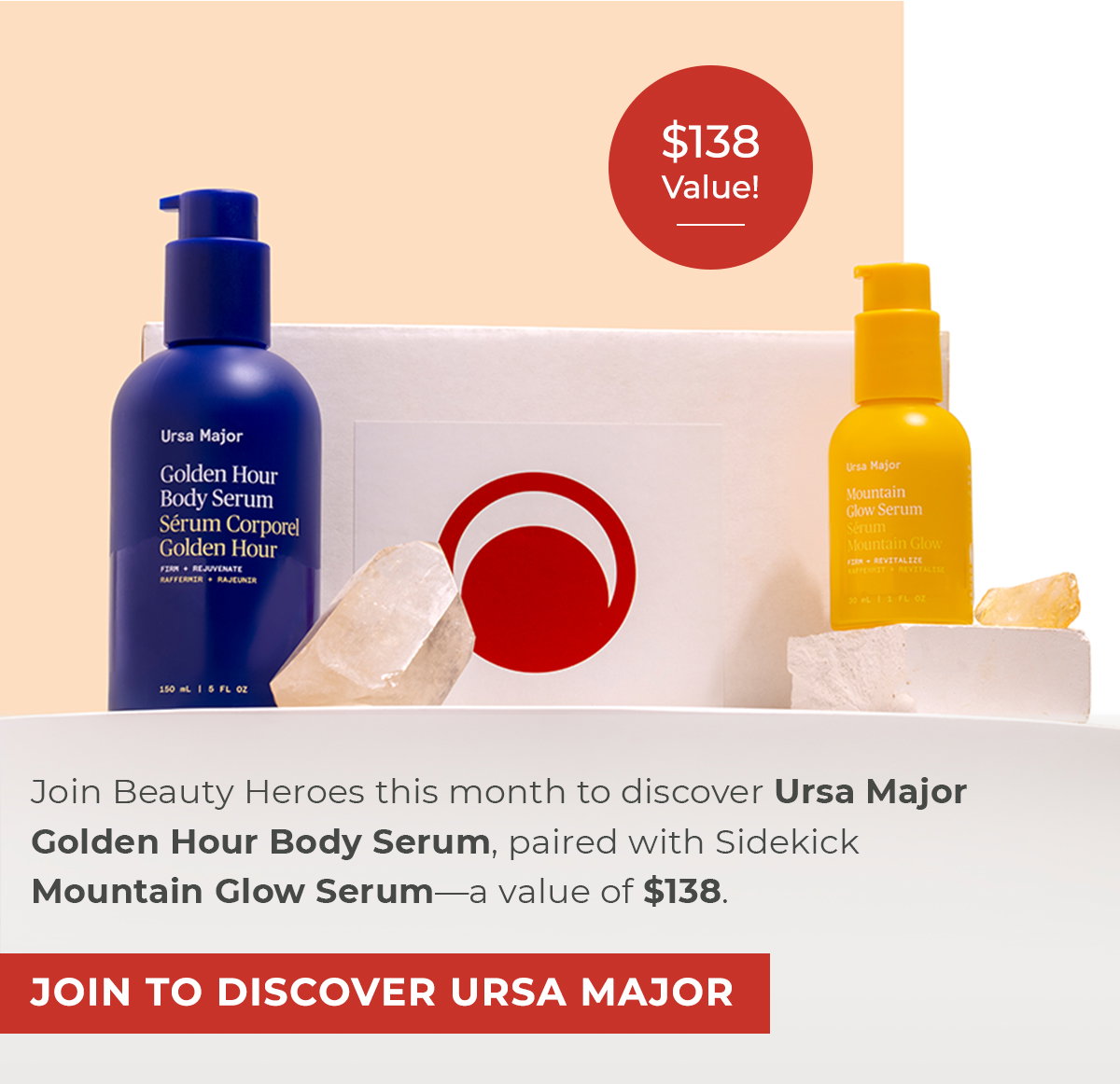 Join Beauty Heroes this month to discover Ursa Major Golden Hour Body Serum, paired with Sidekick Mountain Glow Serum—a value of $138.