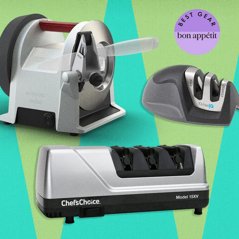 Collage of different knife sharpeners on a colorful geometric background
