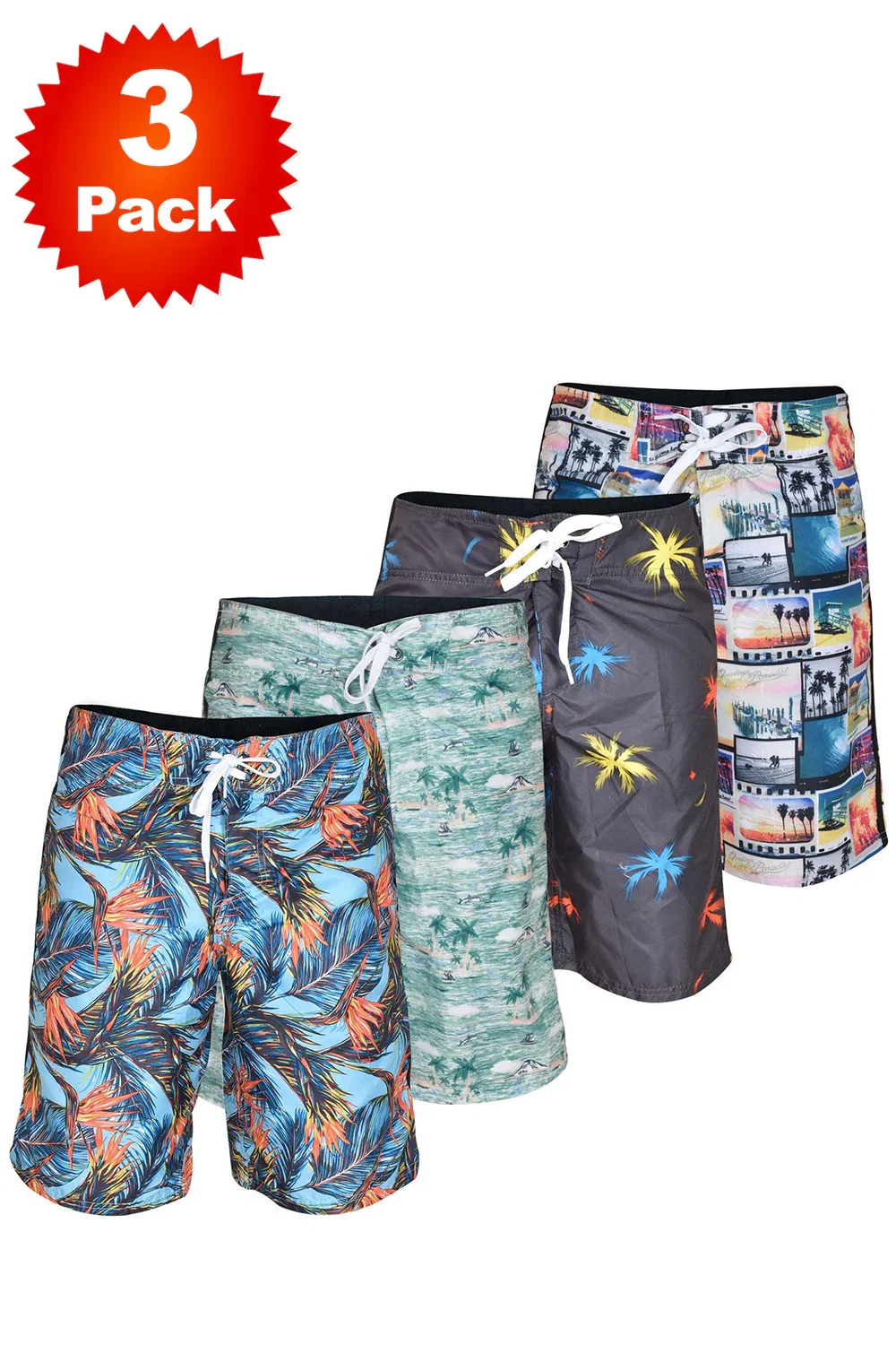 Image of 3 Pack Mens Hawaiian Beach Shorts