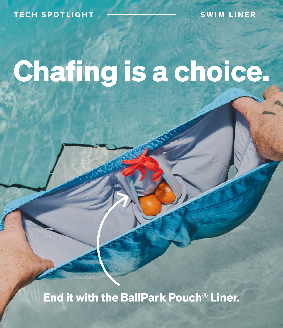 Blue swim shorts featuring the BallPark Pouch® liner designed for support and reduced chafing in and out of the water.