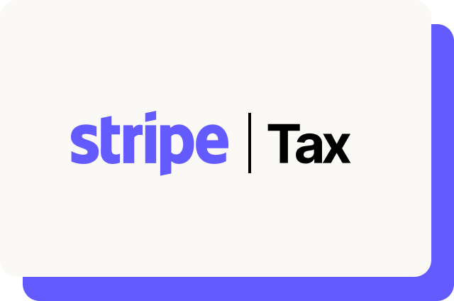 Stripe Tax logo on a light beige card with a purple stacked-layer effect.