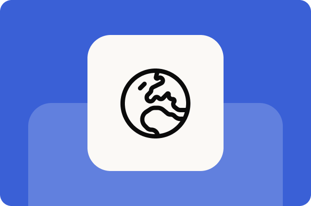 A white square tile featuring a black line-art globe icon, set against a two-tone royal blue and light blue background.