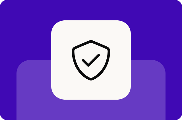 A white square tile featuring a black shield icon with a checkmark, set against a two-tone purple and violet background.