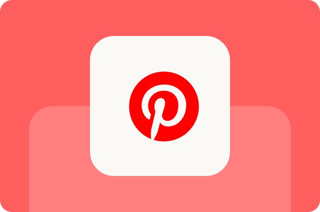 A white square tile featuring the red Pinterest "P" logo, set against a two-tone coral and pink background.