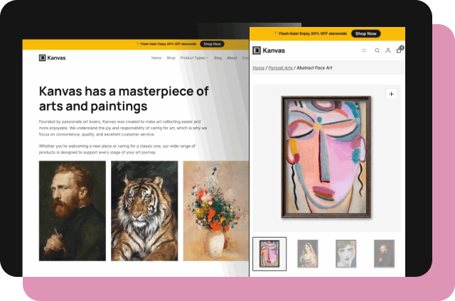A mockup displaying the "Kanvas" theme on a tablet and mobile screen. The desktop view shows a "masterpiece of arts" heading with a portrait and a tiger painting, while the mobile view features a colorful abstract face portrait.
