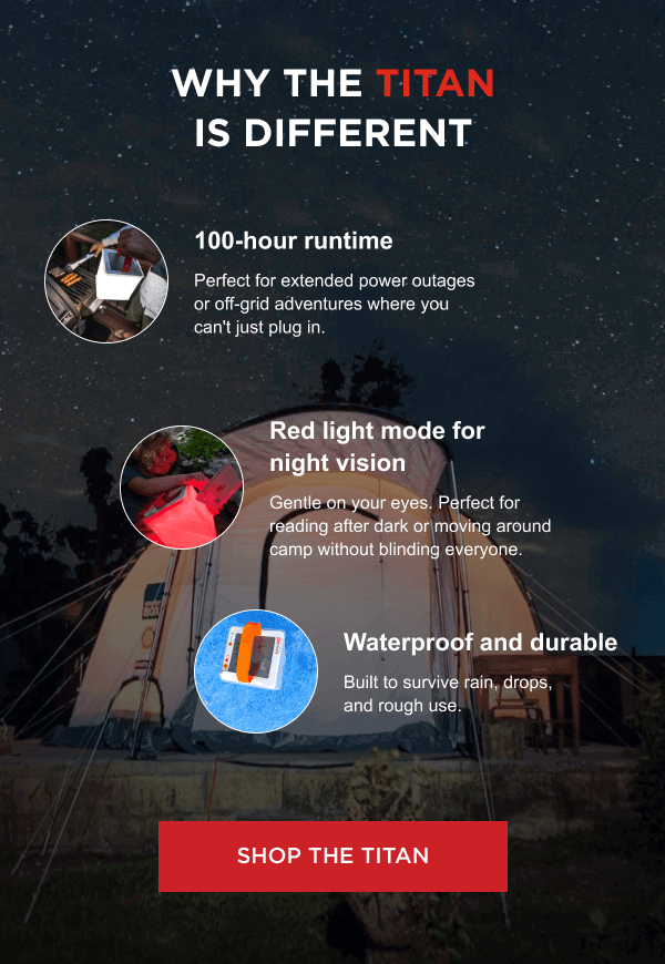 Why the Titan Is Different | 100-hour runtime Perfect for extended power outages or off-grid adventures where you can't just plug in. Red light mode for night vision Gentle on your eyes. Perfect for reading after dark or moving around camp without blinding everyone. Waterproof and durable Built to survive rain, drops, and rough use.  [ SHOP THE TITAN ]