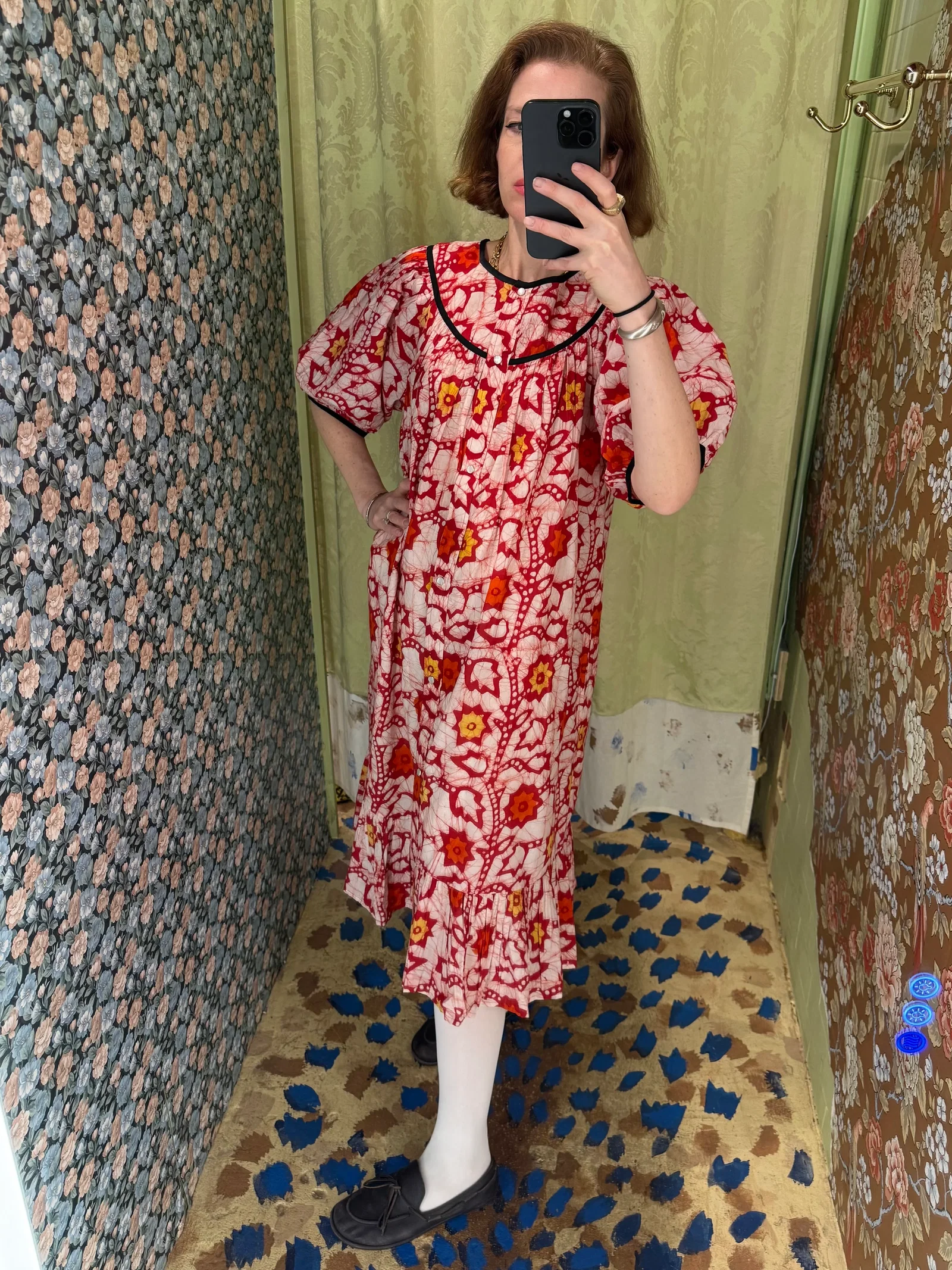 Image of Snap Housedress in Red Batik Floral
