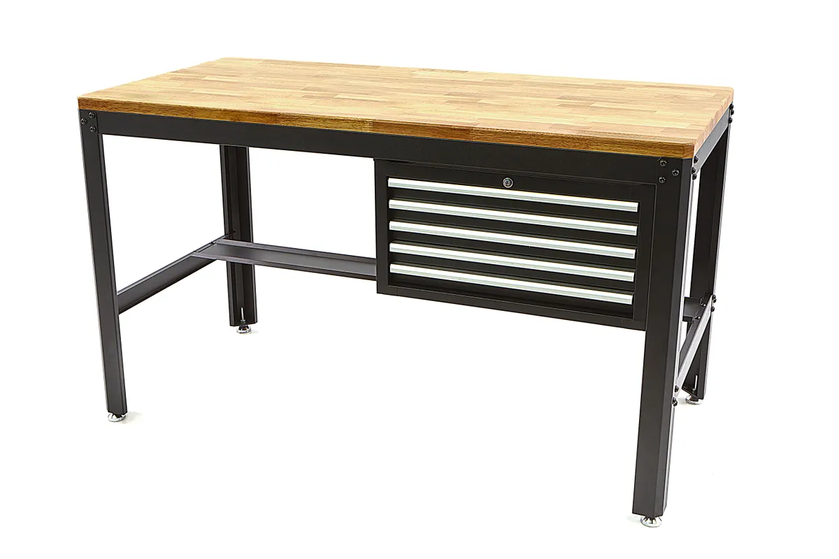 HBM werkbank 155 cm met 5 laden, houten werkblad, zwart