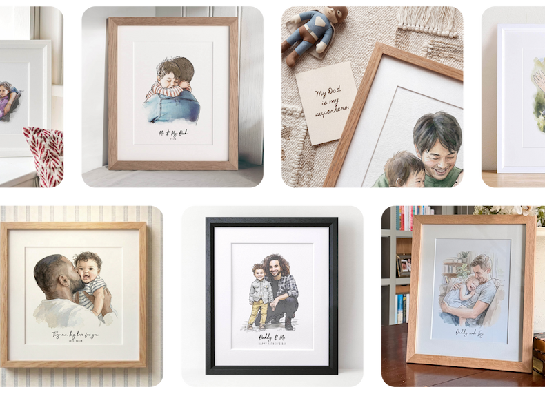 A selection of framed watercolour illustrations showing different dads and children, each personalised with a handwritten message